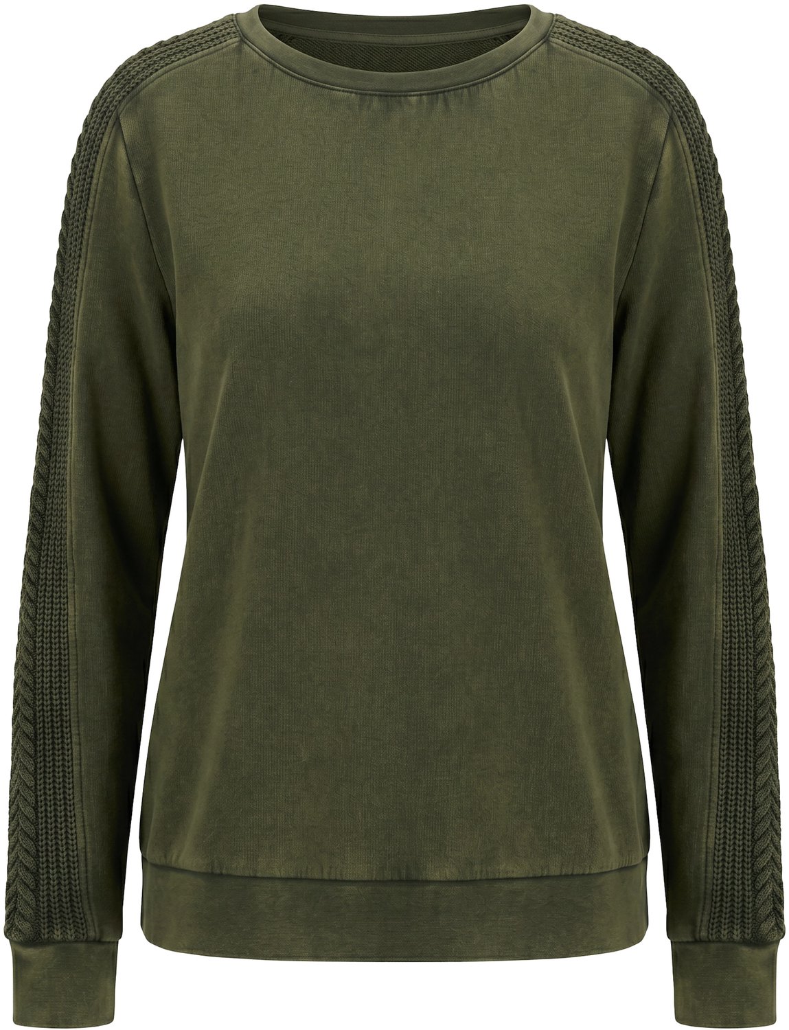 Ulla Popken - Dames - Sweatshirt geribde inzetstukken ronde hals lange mouwen - Olijfgrijs - Maat 58+