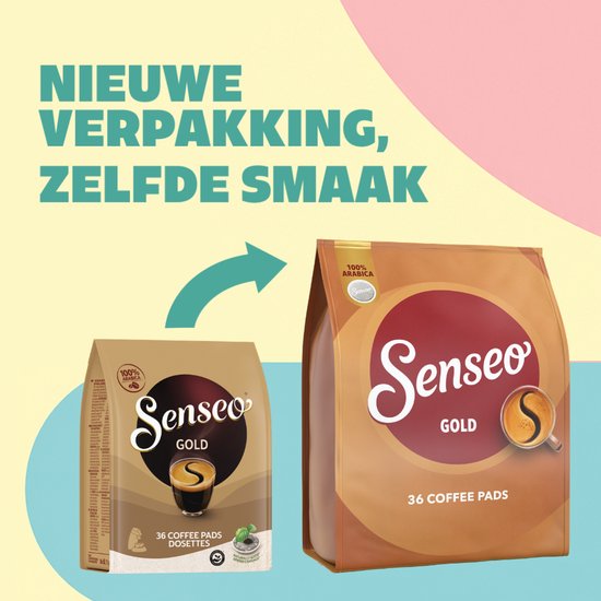Nieuwe verpakking, zelfde smaak: Senseo Gold koffiepads, 36 pads per zak, vergelijking van oud en nieuw design.
