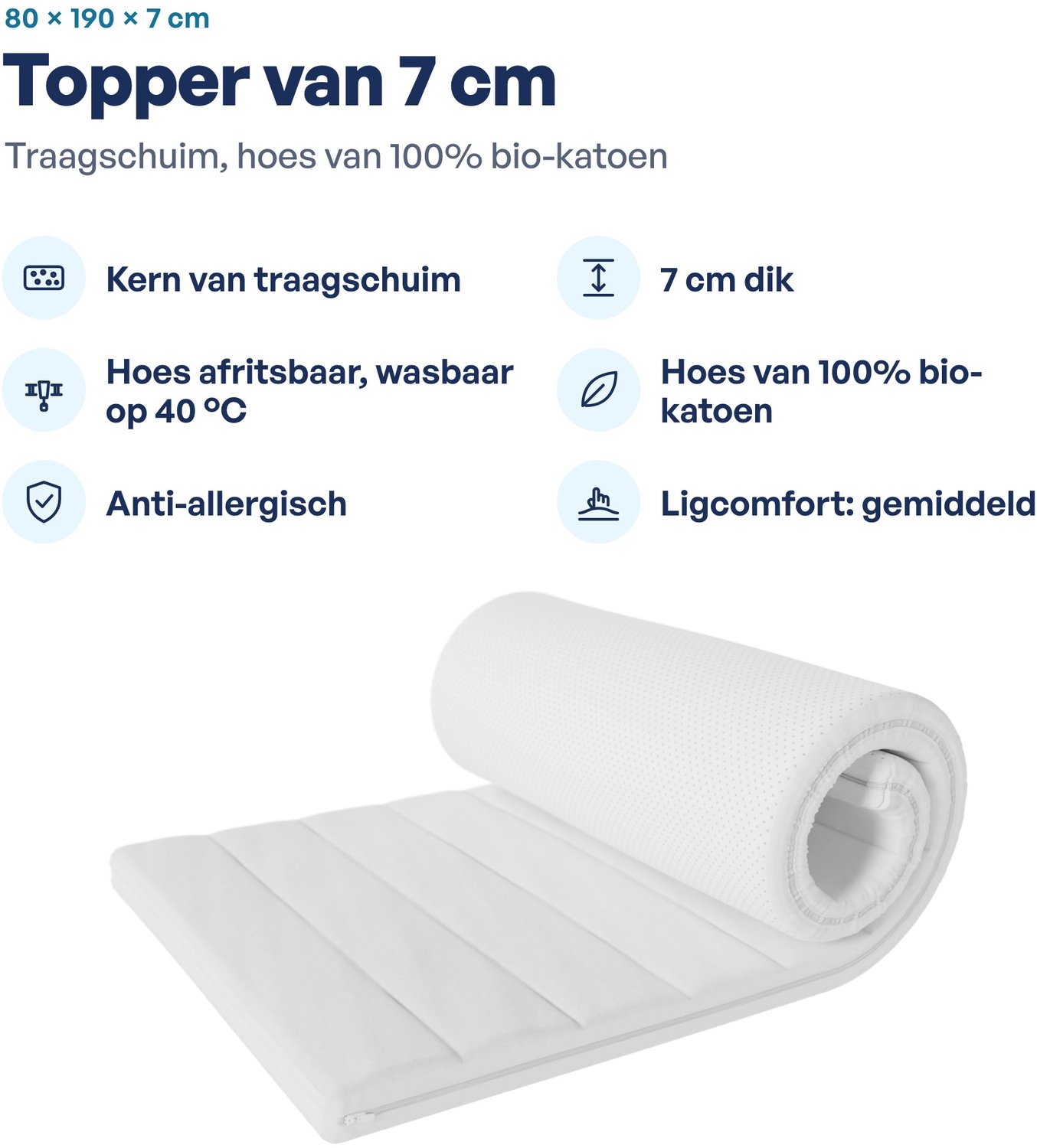 Toros Bedden Topdekmatras Matras Topper - 80x190x7 CM Wit