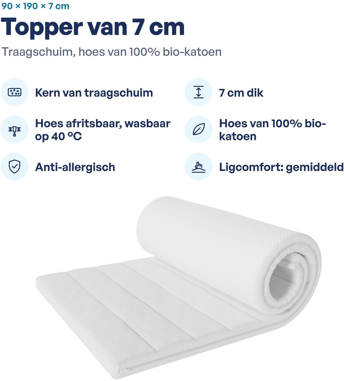 Toros Bedden Topdekmatras Matras Topper - 90x190x7 CM Wit