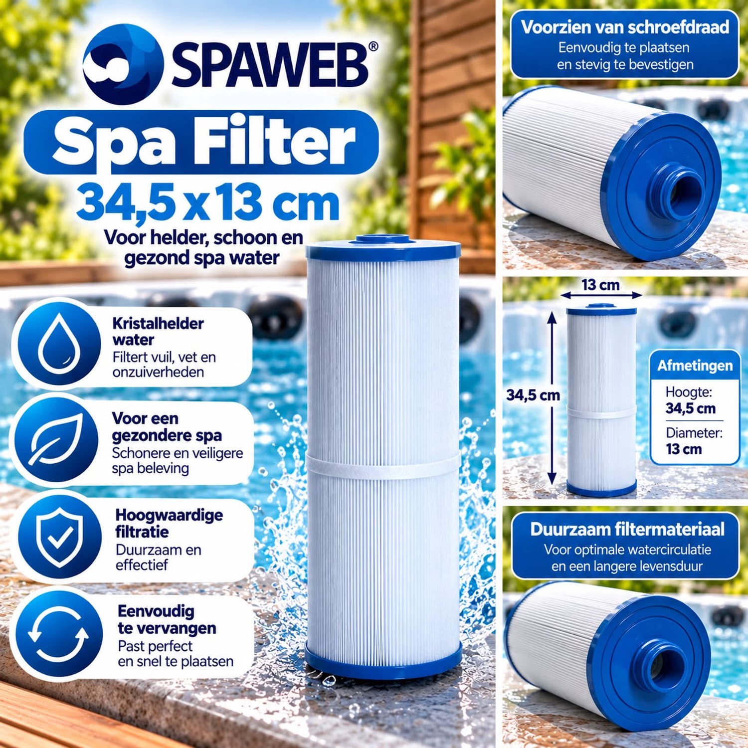 Spaweb Spa Filter 34,5 x 13 cm met Schroefdraad – Jacuzzi Filter – Hottub Filter – Spa Filterpatroon – Waterfilter voor Spa & Bubbelbad