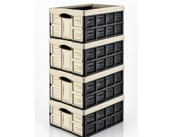Vouwkrat 4 Stuks – 45 Liter – Boodschappenkrat Opvouwbaar – Opvouwbare Krat – Inklapbare Opbergkrat – Kunststof Stapelbare Kratten voor Auto, Kofferbak en Opslag – Crème/Zwart