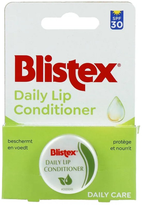Blistex Daily Lip Conditioner SPF 30 in wit en groen doosje met lipbalsempotje.