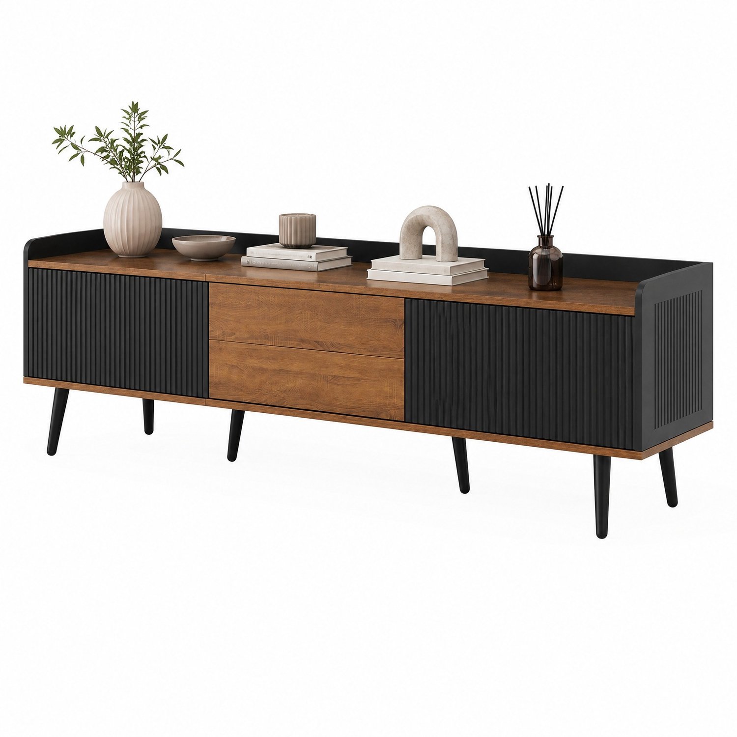 CHICFURN TV-meubel - 3 deuren - Opbergruimte - Houten poten - Zwart naturel