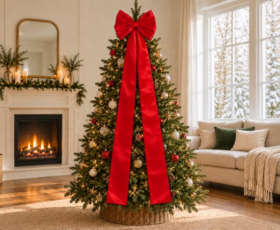 Grote rode satijnen kerstboomstrik met lange linten, bevestigd aan de top van een versierde kerstboom.