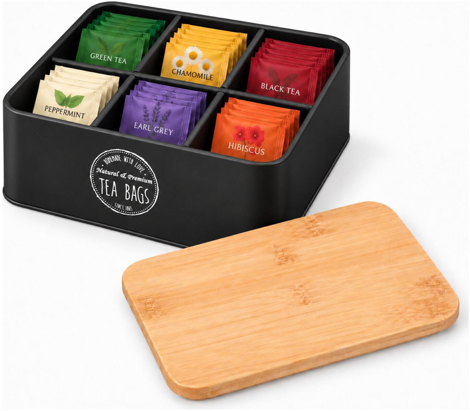Bellatio Design Theedoos met bamboe deksel - zwart - 6 vaks - metaal/hout - 16 x 19 x 8 cm - theebox