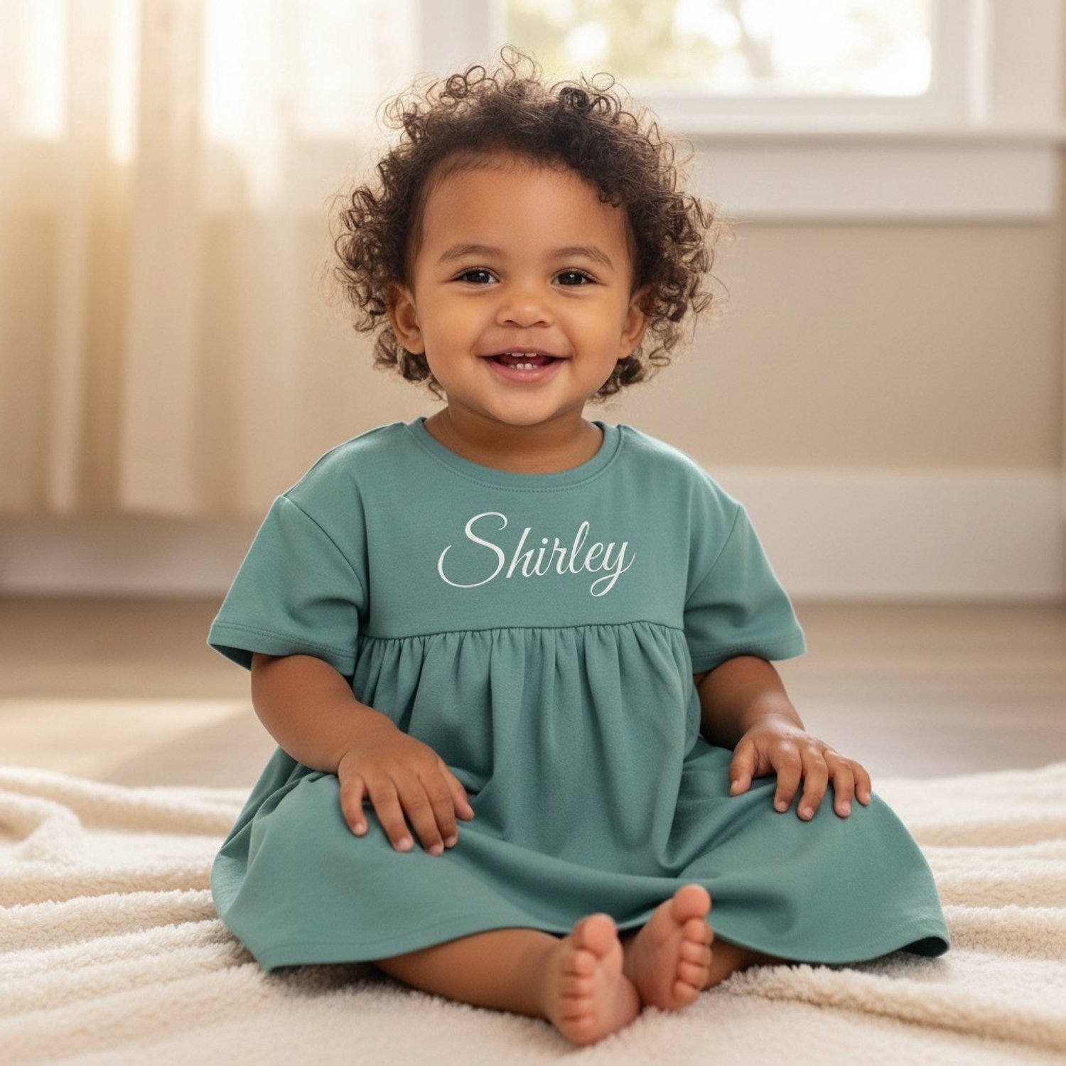 Sage green baby jurk - bedrukt met naam - gepersonaliseerd - biologisch katoen - 18-24 maanden - baby kleding - meisje