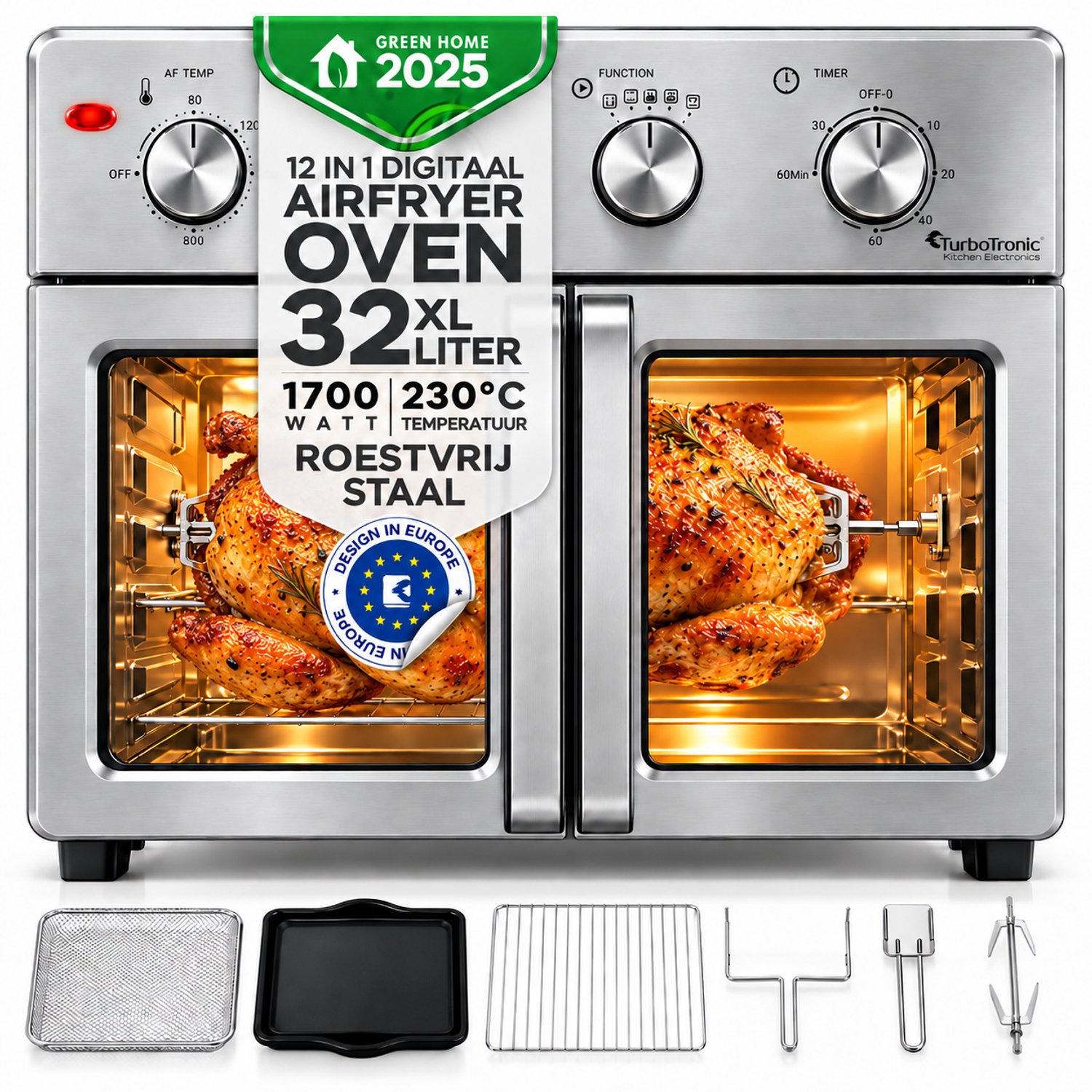 Bol.com TurboTronic AF32MFD Airfryer Oven XXL – Dubbele Deur – 32L Vrijstaande Mini Oven – Heteluchtoven – Zilver aanbieding