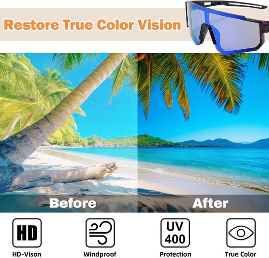 Sportbril met blauw frame en spiegelende lenzen, laat strandfoto zien met en zonder bescherming.