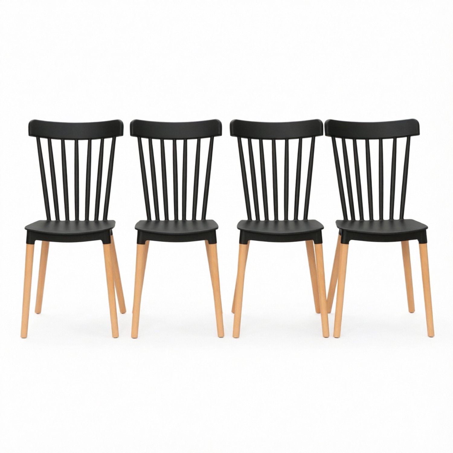 SONNENH Eetkamerstoelen set van 4 - Zwart polypropyleen met open rug - Massief beukenhouten poten Zwart met naturel beukenhout