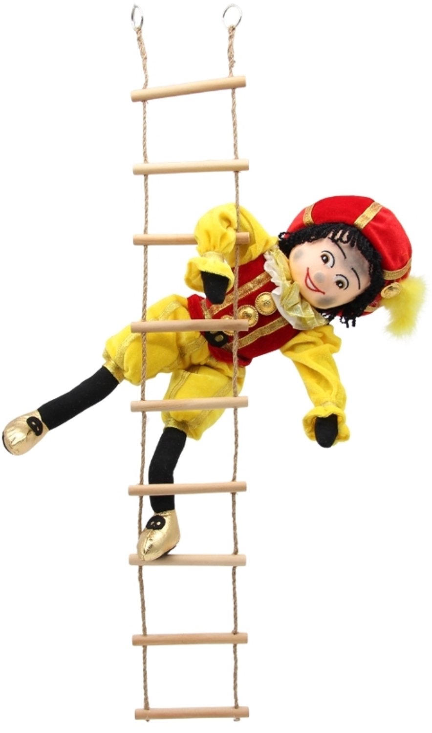 Pietenpop met losse ladder - Sinterklaasdecoratie - geel rood pietenpak 40 cm met ladder 90 cm - Beekwilder design - handgemaakt