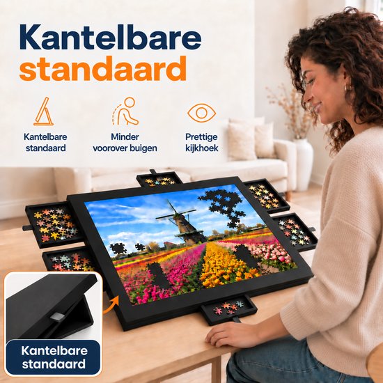 Vrouw gebruikt kantelbaar puzzelbord met 6 lades voor een comfortabele zithouding.
