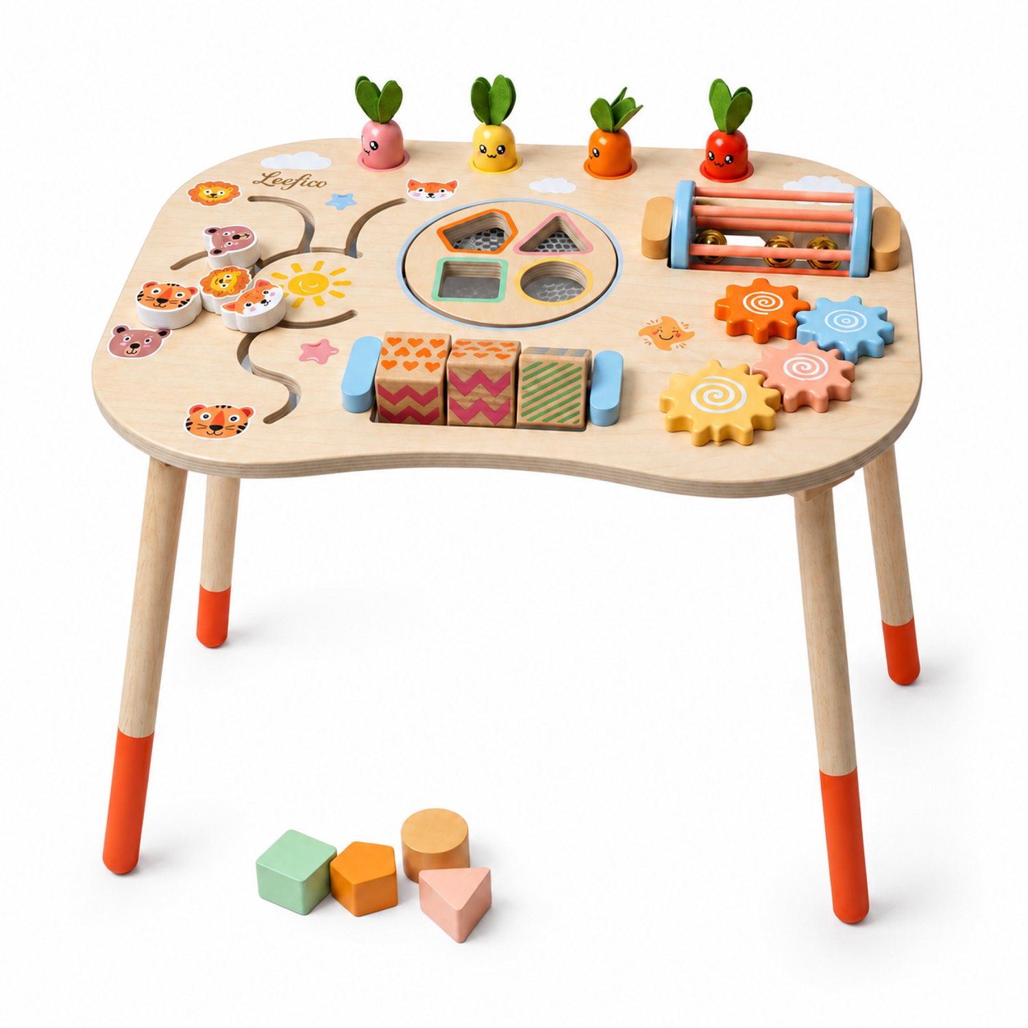 Leefico Houten Activiteiten Tafel Oranje - Montessori Activiteiten Tafel met Houten Educatief Speelgoed - Voor Peuters en Kleuters van 1 tot 4 Jaar - Stimuleert Motoriek en Creativiteit