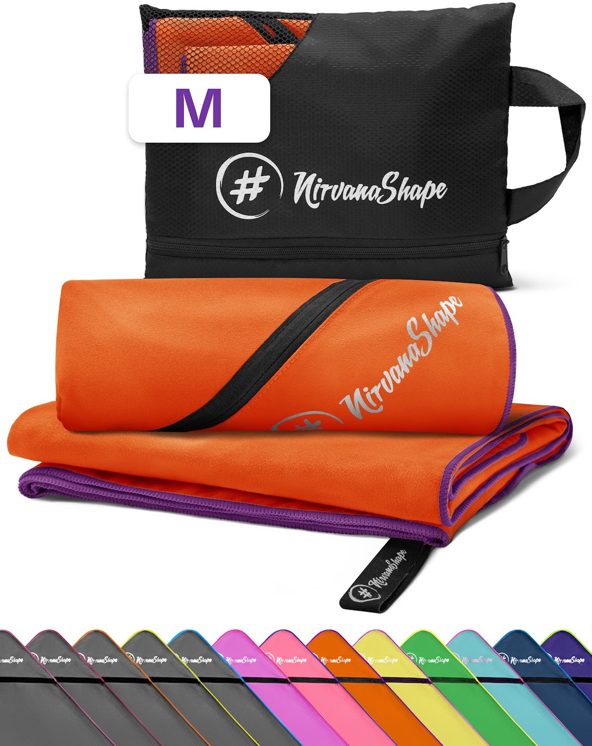 NirvanaShape - microvezel handdoek - strandlaken en badlaken - sneldrogend en absorberend - sporthanddoek met slimme hoekzak - 120 x 60 cm - Oranje / Paarse Rand