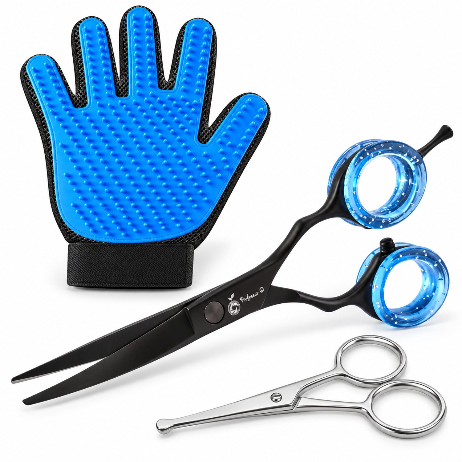 Professor Q Hondentrimset - Gebogen Trimschaar Zwart/Lichtblauw - Potenschaar Zilver en Vachthandschoen Blauw - 3-delig