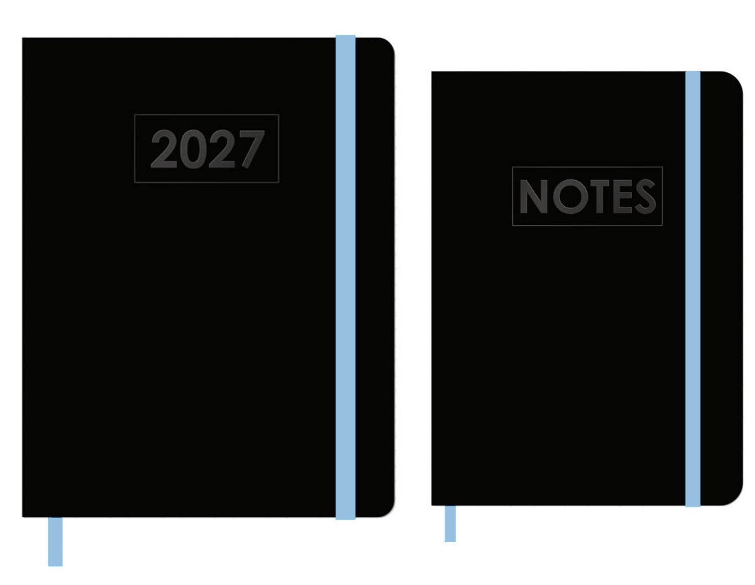 MGPcards - A5+ Agenda 2027 - Weekoverzicht 1w/2p - Zwart + Blauw elastiek - 19.5 x 24.5 cm + Notitieboekje/opschrijfboekje - gelinieerd - 80 pagina's - A5 - Zwart-Blauw