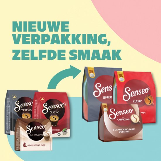 Senseo verpakkingen: Espresso (grijs), Classic (rood) en Cappuccino (bruin) met de tekst Nieuwe verpakking, zelfde smaak.