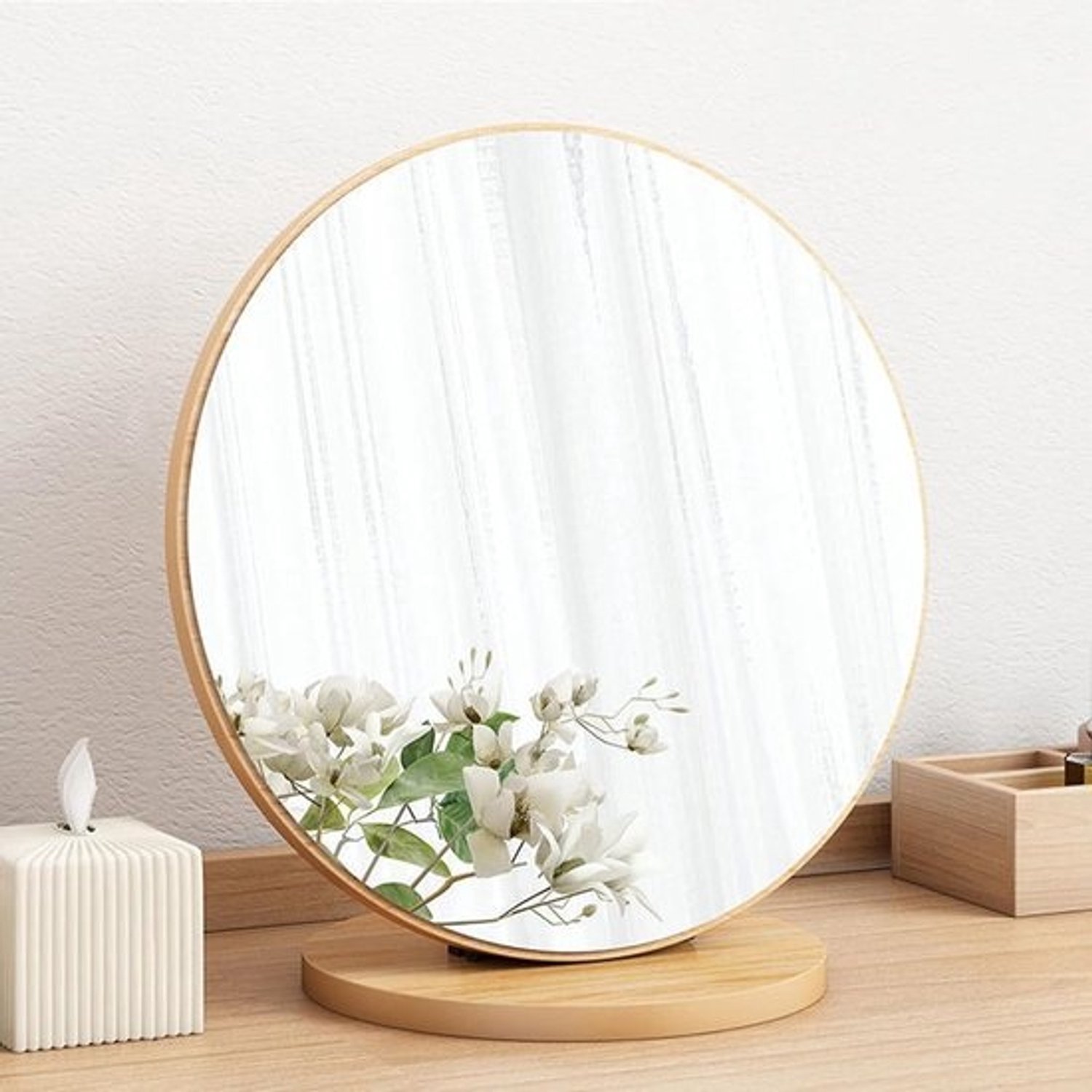 Houten make-upspiegel - Spiegel voor kaptafel - Dagelijkse verzorging - 90 graden kantelbaar - 20 cm diameter - Houtkleur
