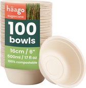 Haago – 100 Suikerriet Bagasse Kommen, 500ml – Soepkommen – Sterk, Biologisch Afbreekbaar & Thuis Composteerbaar – Voor Warm & Koud Eten