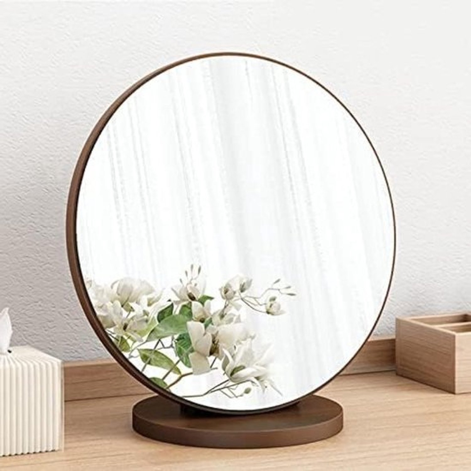 Houten make-upspiegel - Cosmetische tafelspiegel - Voor make-up - 90 graden verstelbaar - 30 cm diameter - Walnoot