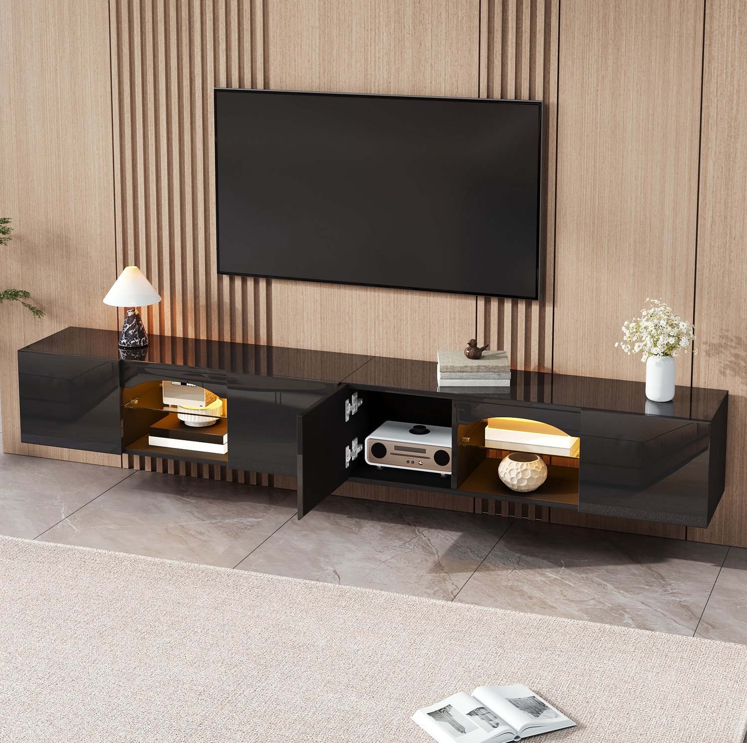 CHICFURN TV-meubel 200 cm - LED-verlichting met app-bediening - 4 deuren en 2 open vakken - woonkamer - spaanplaat - zwart