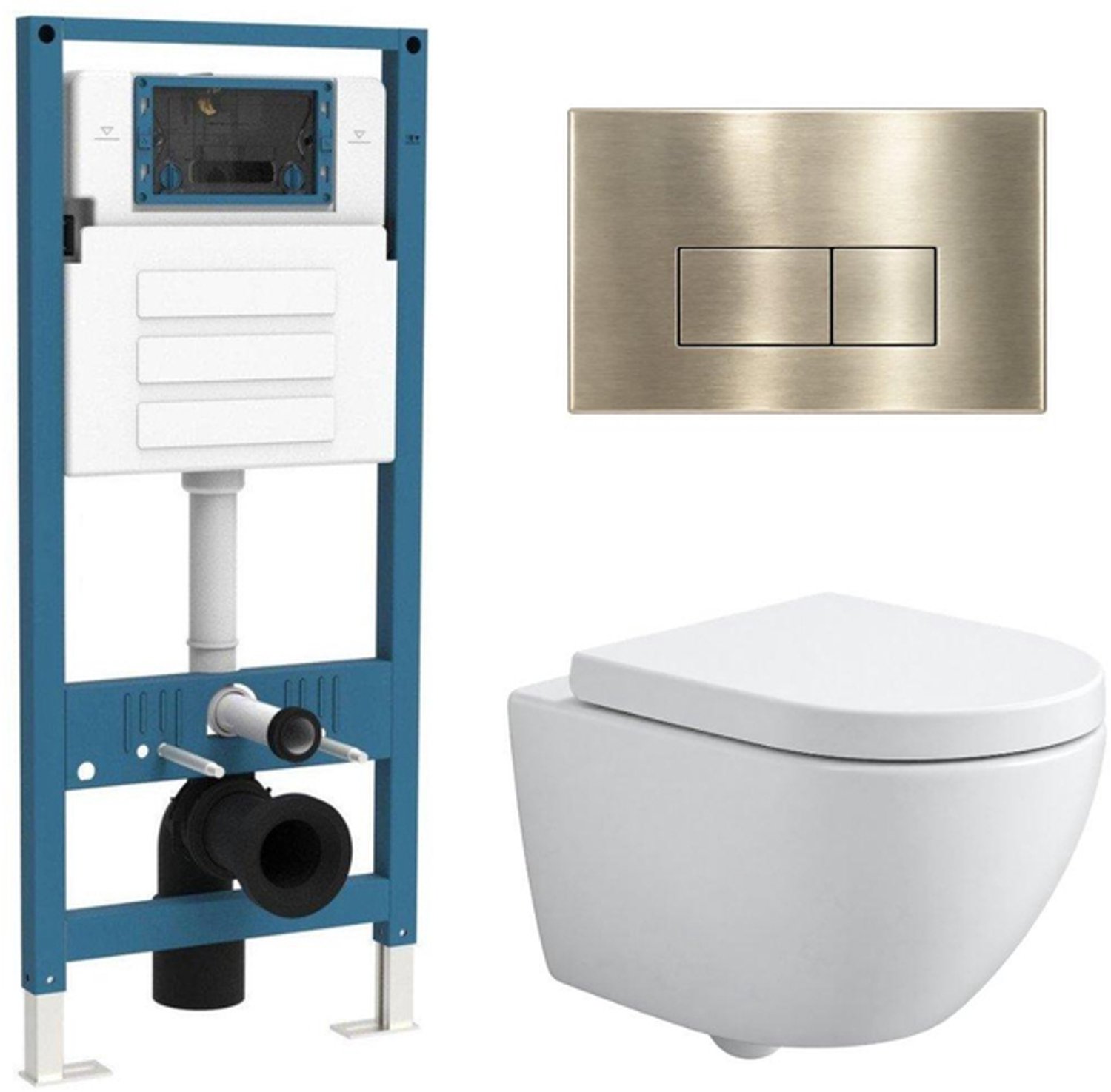 QeramiQ Dely Swirl Compact Toiletset - inbouwreservoir QeramiQ flush - 25mm zitting - metalen bedieningsplaat messing geborsteld (goud) - rechthoekige knoppen - mat wit