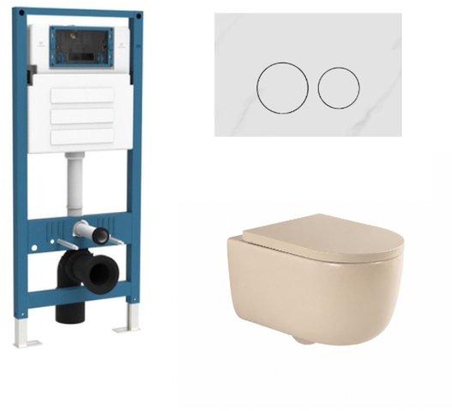 QeramiQ Dely Swirl Toiletset - inbouwreservoir Qeramiq Flush - 35mm zitting - natuursteen wit marmeren bedieningsplaat - ronde knoppen - beige
