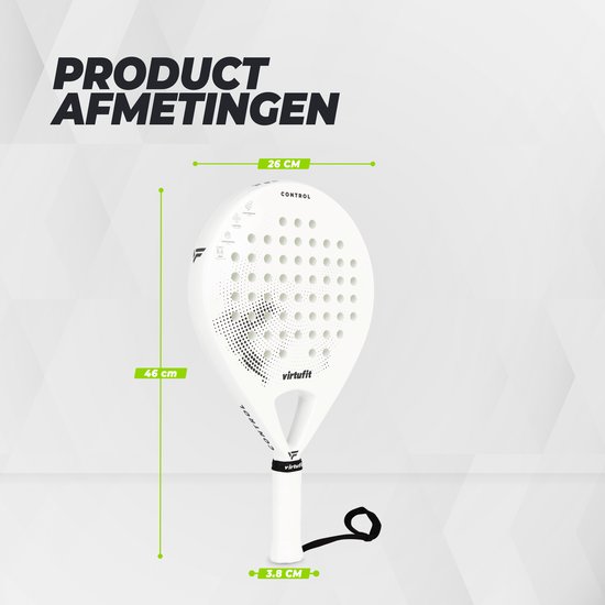 Wit Virtufit padelracket met afmetingen: 46 cm hoog, 26 cm breed en 3,8 cm dik.