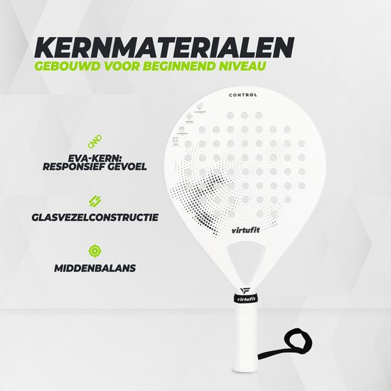 Wit Virtufit padelracket met EVA-kern, glasvezelconstructie en middenbalans voor beginners.