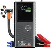 AutoXtreme Air Micro jumpstarter met compressor, luchtslang en rode en zwarte startklemmen.