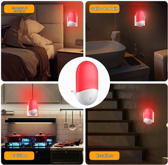 2 stuks stekker nachtlampje met schemersensor, rood LED nachtlicht, energiebesparend, voor kinderkamer, slaapkamer, hal en trap [Energieklasse A+] — afbeelding 4