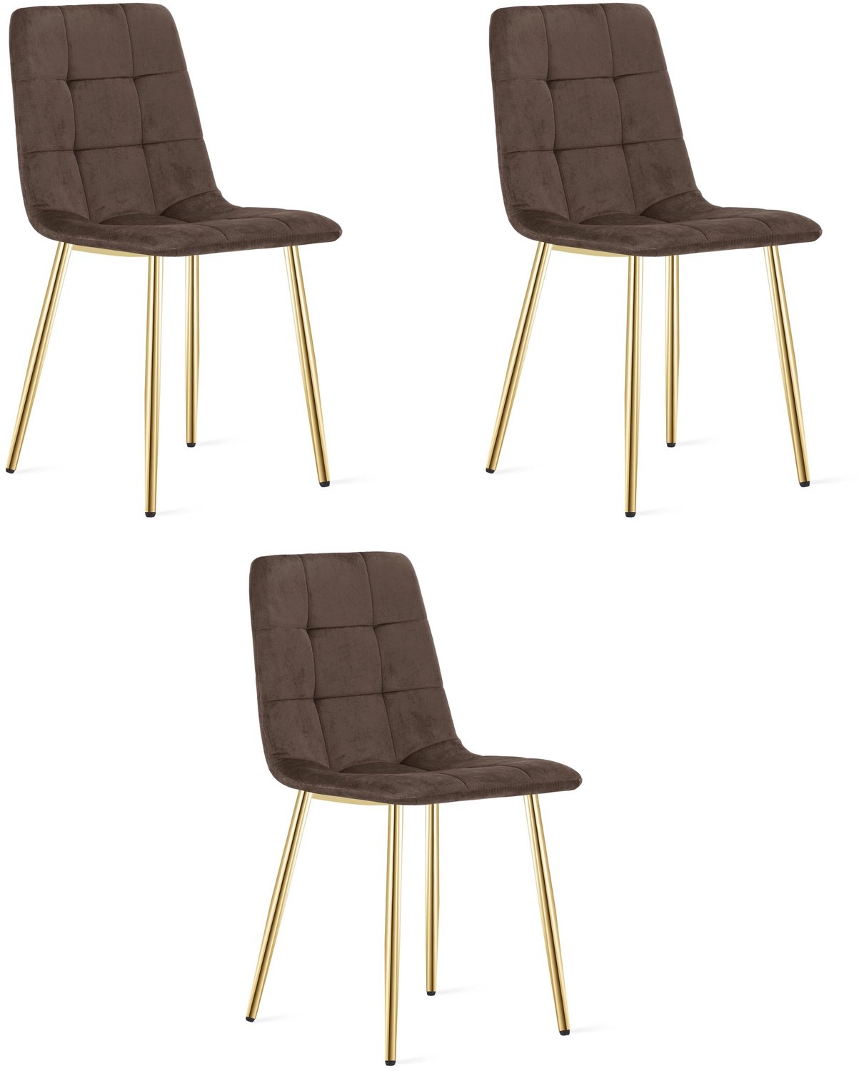 LEOBERT KARA Eetkamerstoelen – Set van 3 – Bruin Velvet – Goudkleurige Metalen Poten – Comfortabele Ergonomische Zitting – Modern Design – Velvet Stoel voor Woonkamer, Keuken en Eetkamer – Max. 110 kg per Stoel