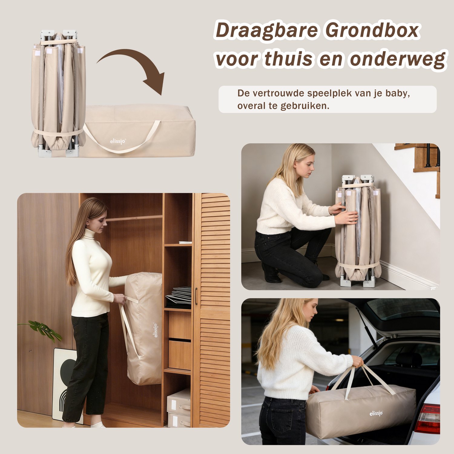 Elissio® - Grondbox Baby - Inklapbare Speelbox met XPE dubbelzijdige Speelmat & 50 Ballen - Kruipbox - Kinderbox - Playpen Baby - 150x150x76.5 CM - Beige – foto 5