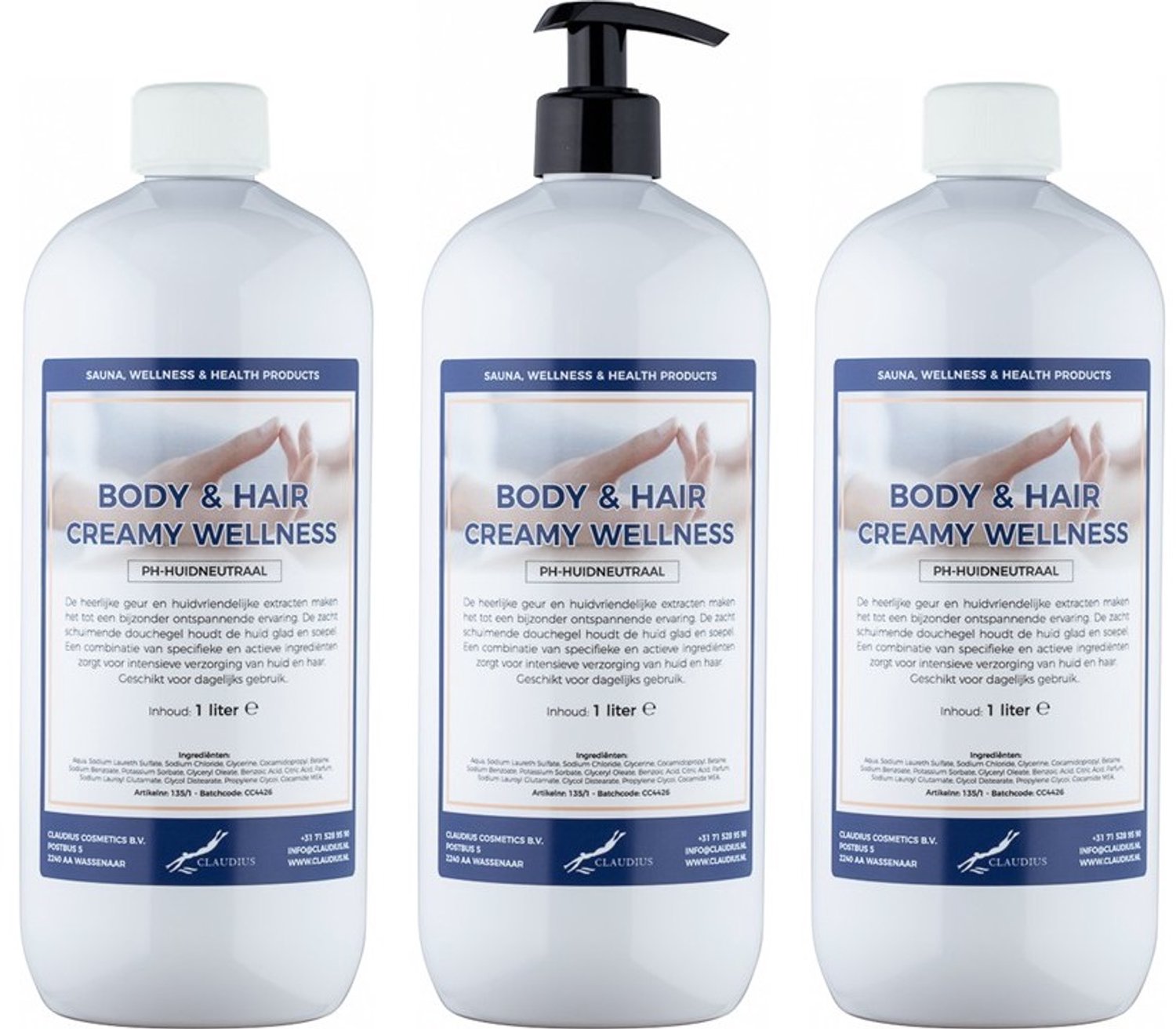 Claudius Body & Hair Creamy Wellness - 1 liter - set van 3 stuks - met gratis zwarte pomp - navulling - voordeelverpakking