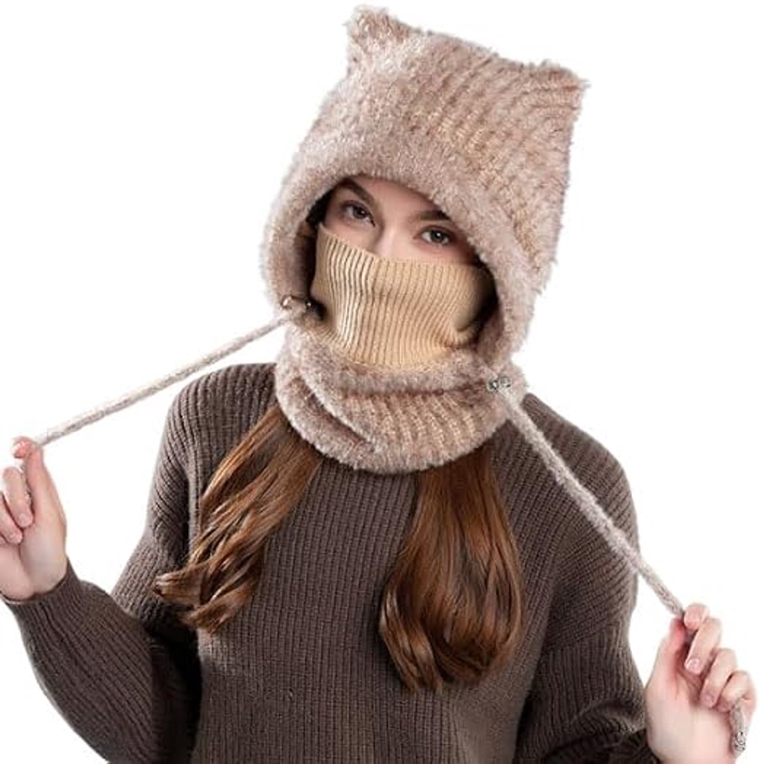Hoed – Damesmuts – Warme pluche muts – Set met sjaal en masker – Warme gebreide muts met kattenoortjes en capuchon – Mokka – Geschikt voor herfst en winter – Zacht en comfortabel