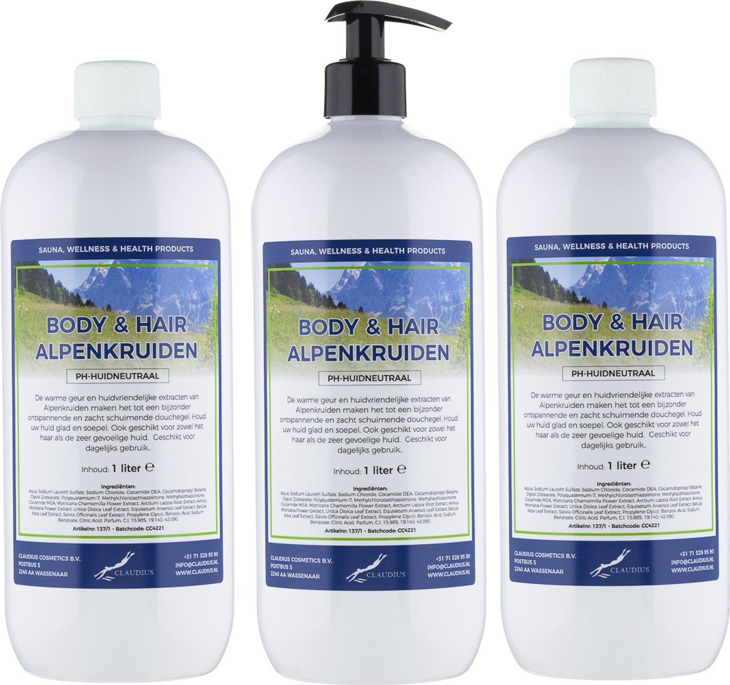 Claudius Body & Hair Alpenkruiden - 1 liter - set van 3 stuks - met gratis zwarte pomp - navulling - voordeelverpakking