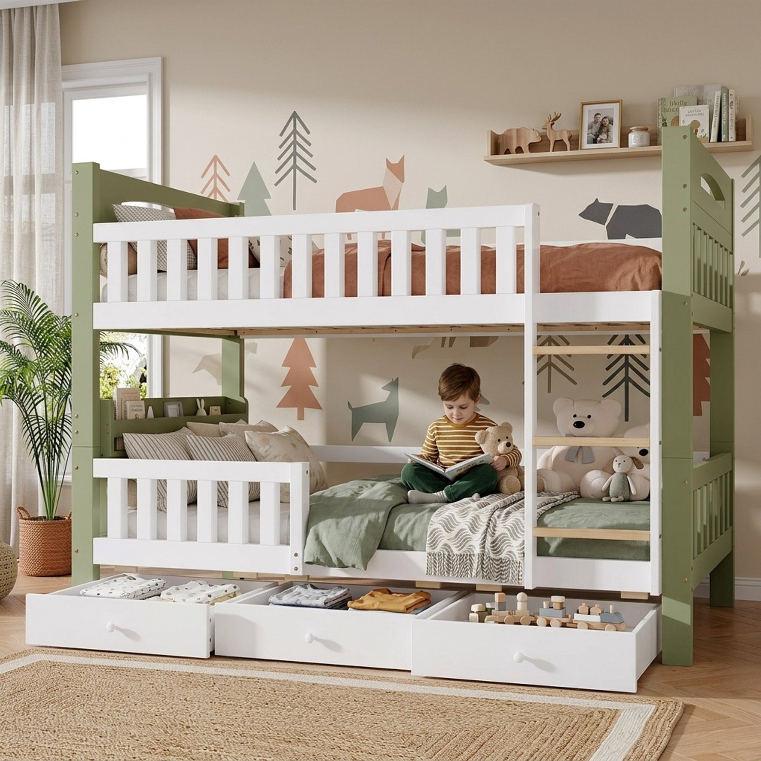 Clruro Stapelbed - 90×200 cm - met Ladder - 3 Laden en Zijrek - Hout/MDF - Wit/Groen Wit+Groen