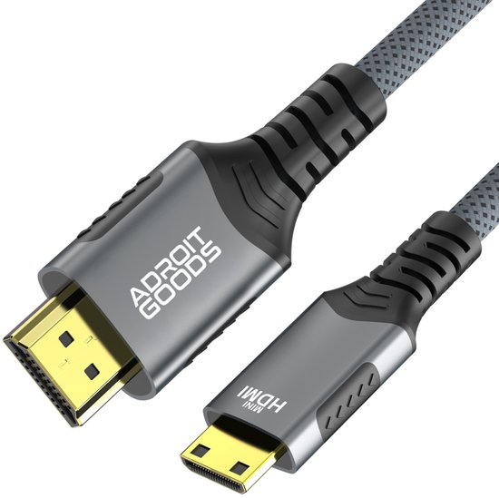 Close-up van de vergulde Mini HDMI en HDMI connectoren aan een grijze gevlochten kabel.