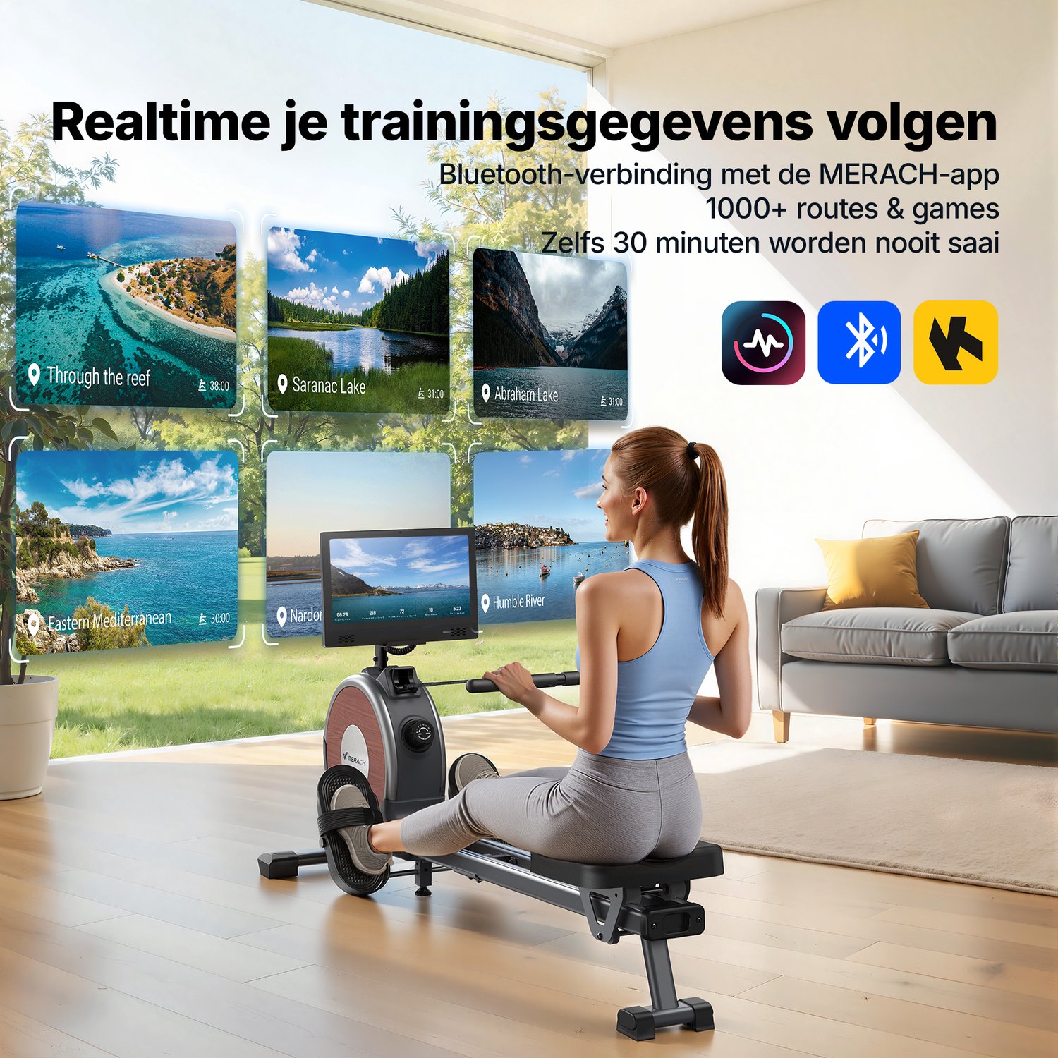 MERACH Smart Roeitrainer met 15.6" HD Scherm - Magnetische Roeifietser met 16 Weerstanden - Stil Dubbel Railsysteem - Max 158 kg - Bluetooth App thumbnail 2