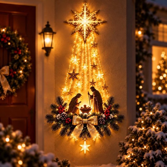 Verlichte kerststal-muurdecoratie met een stralende ster, kaskaderende lichtjes en een feestelijke strik.