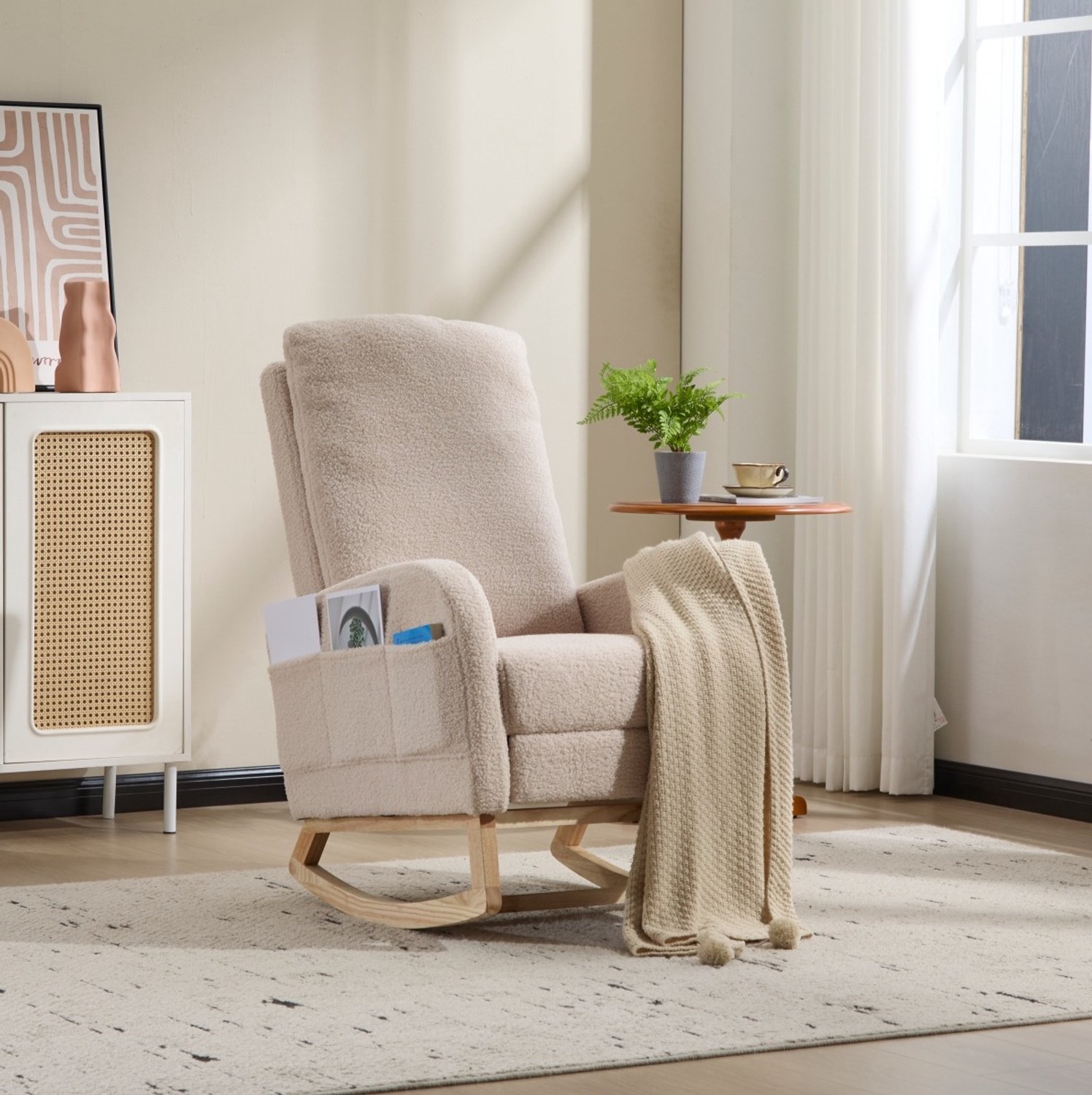 MODENUIT Schommelstoel - Hoge Rugleuning Met Zijvak - Voor Kinderkamer En Woonkamer - Teddy Stof - Beige