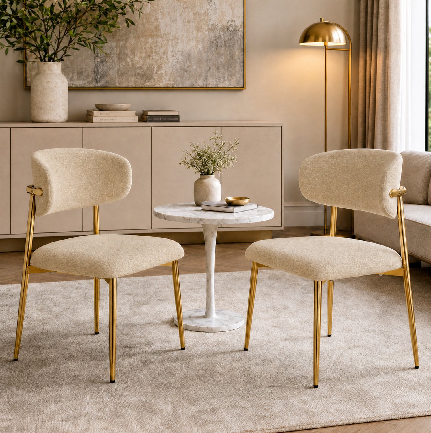 DESMIU Eetkamerstoel - Moderne Gestoffeerde Stoel - Set Van 2 - Gebogen Rugleuning En Goudkleurig Onderstel - Eetkamer Keuken - Polyester Bruin Brown