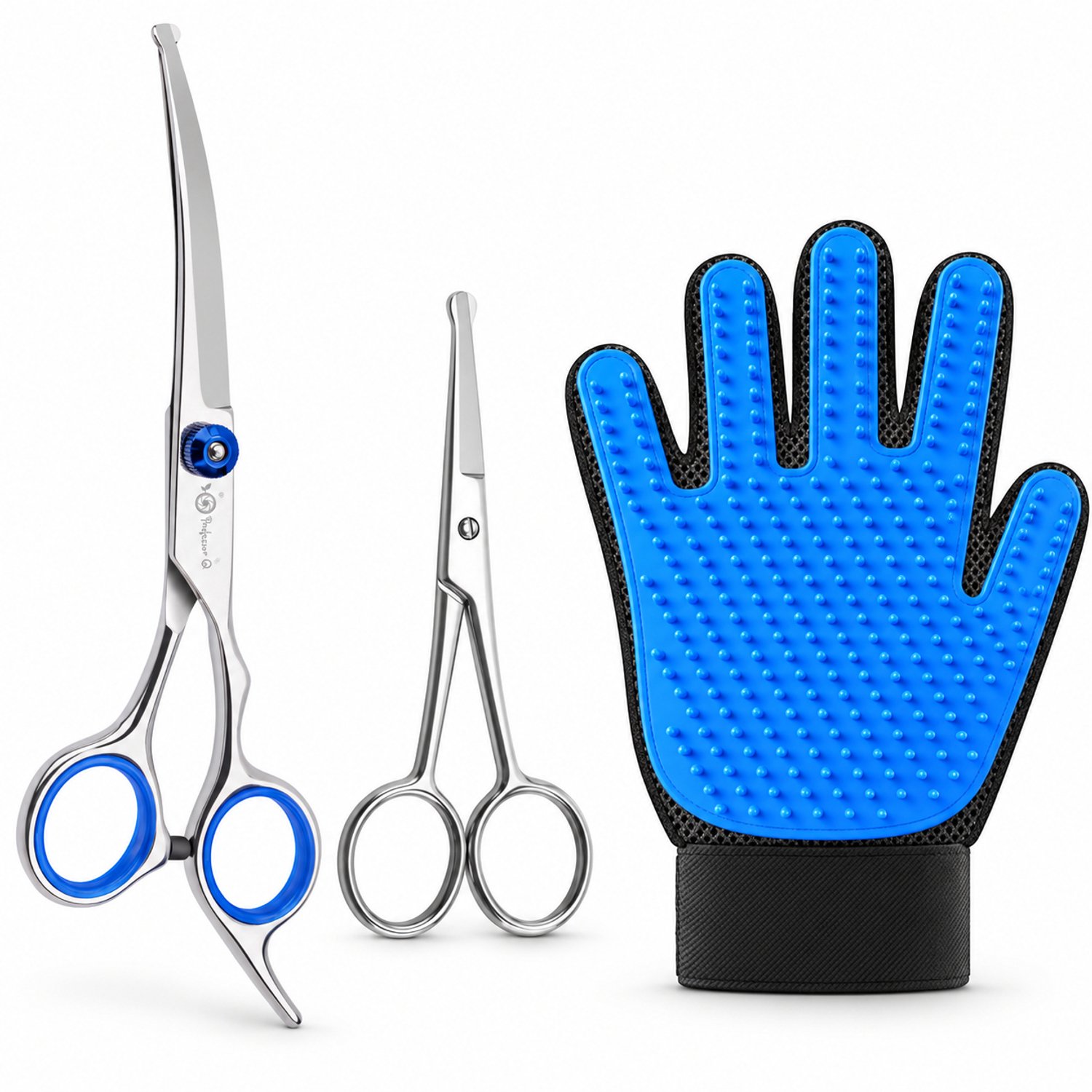 Professor Q Hondentrimset - Gebogen Trimschaar Blauw - Potenschaar Zilver en Vachthandschoen Blauw - 3-delig