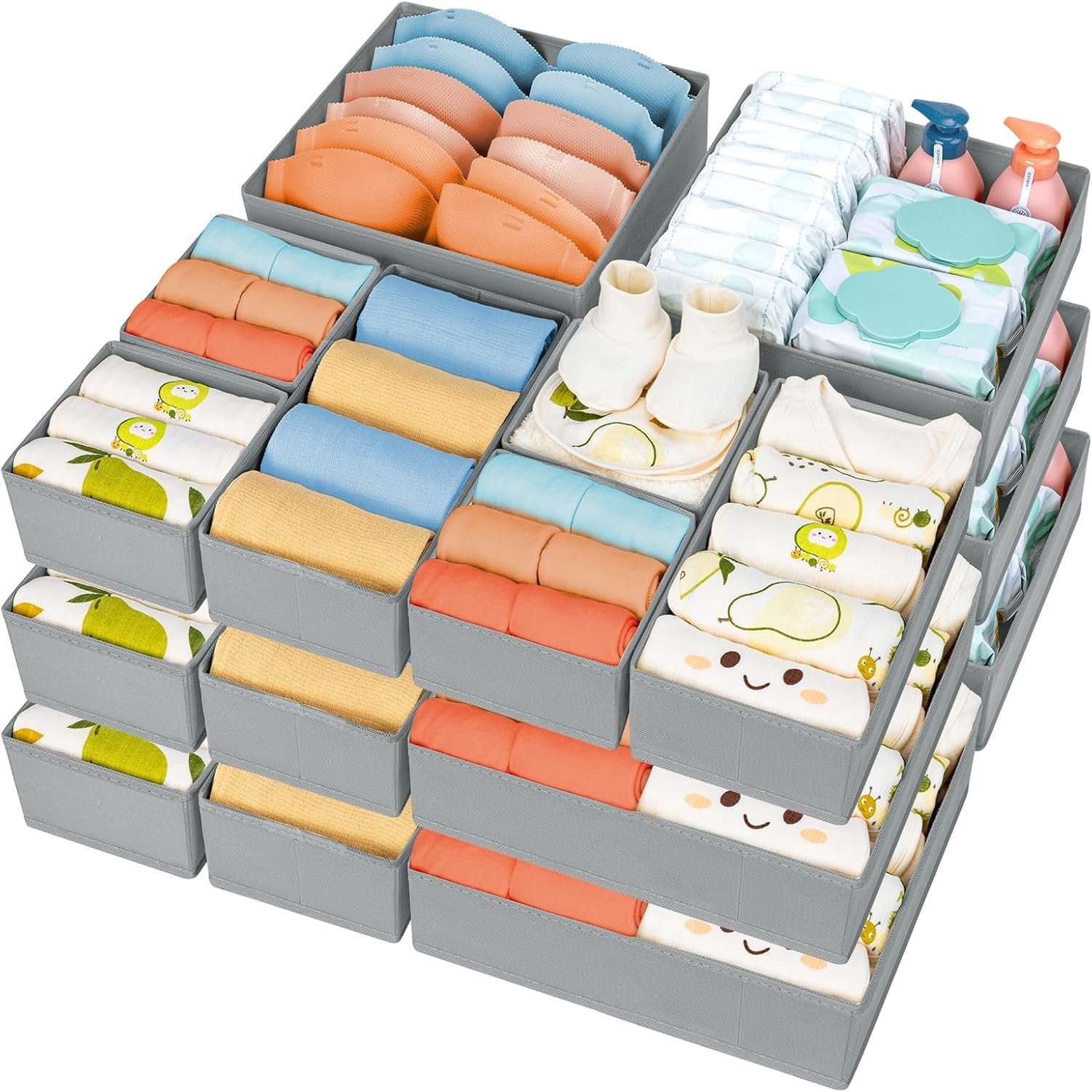 Kleding Kast Organizer – Set van 15 Stuks Opvouwbare Stoffen Opbergdozen voor Sokken, Ondergoed, BH's en Stropdassen – Grijs