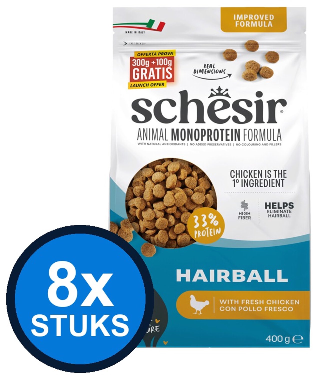 8x Schesir - Kattenvoer - Droogvoer - Hairball Kip - 400g