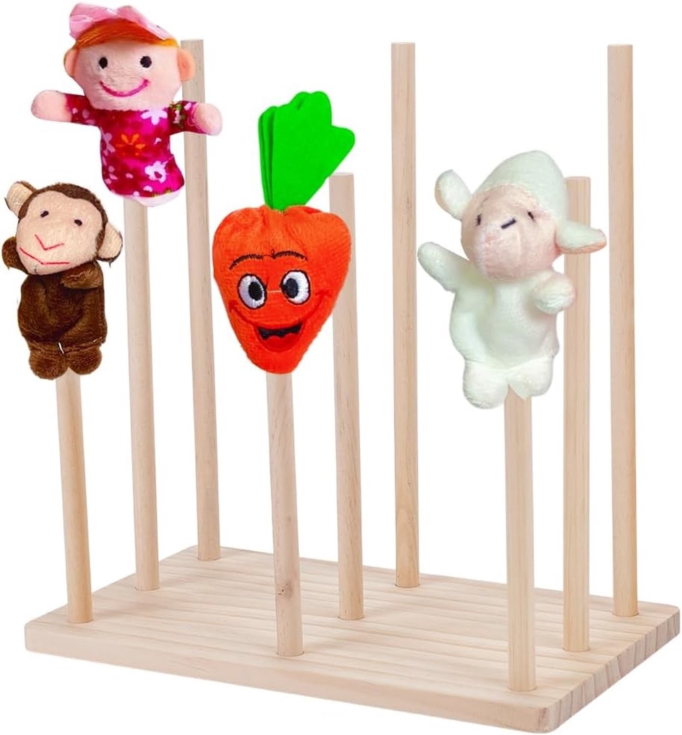 Educatieve Houten Poppenstandaard voor 9 Handpoppen, Display Stand, Poppenhouder en Opbergoplossing in Papaya Whip Kleur
