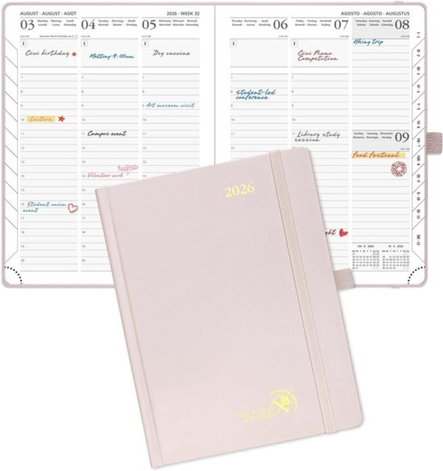 Wekelijkse agenda - 2026 - 22 x 16,5 cm - Schoolkalender - harde kaft - FSC®-gecertificeerd - Lichtroze