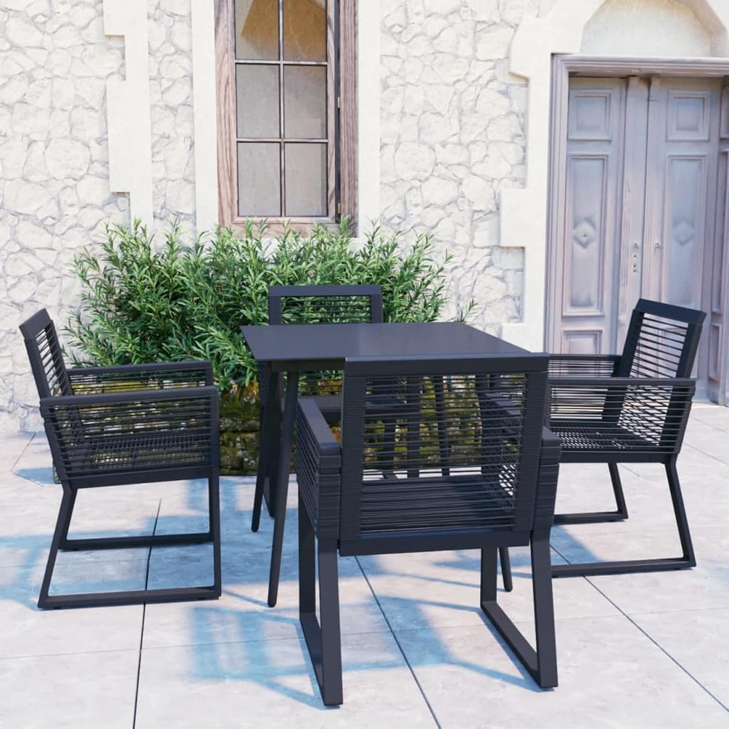 5 Stuk Tuin Eetkamer Set Eetkamer Tuinmeubilair Patio Set Tuintafel Stoelen Gazon Stoel Outdoor Eetkamer Set PVC Rotan Zwart