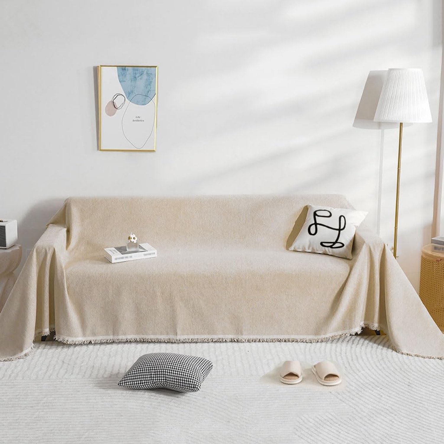 Sofadeken, Chenille met franjes Sofabescherming, antislip bankbescherming voor huisdierenharen, kinderen, hond, kat, veelzijdige decoratieve sofadeken voor het gezin (kaki, 230 x 300 cm)