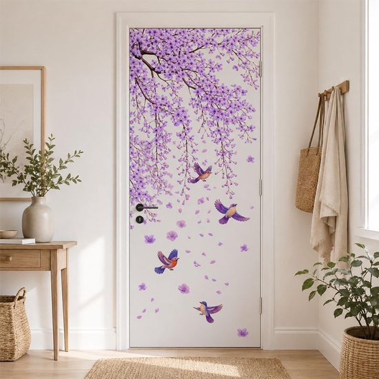 2 stuks paarse bloesem en vogel patroon verwijderbare koelkast wraps, zelfklevende koelkast deur muurschildering vinyl vriezers paneel cover sticker voor keuken bar decor, 41,5 x 200 cm — afbeelding 4
